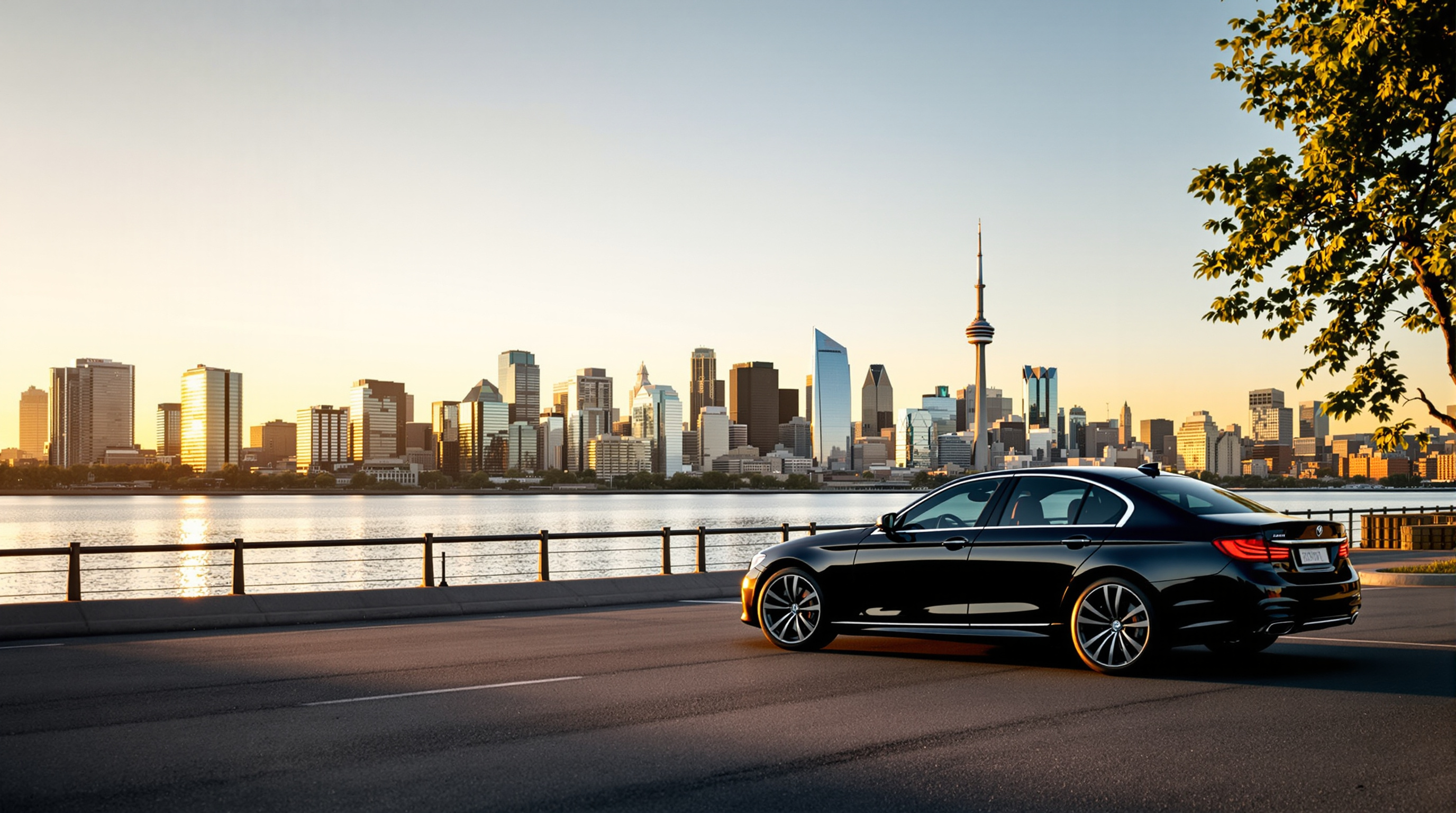 Montreal skyline with a luxury limousine in the foreground