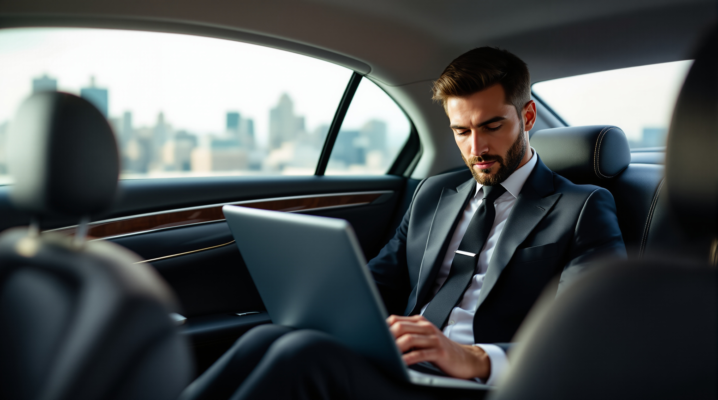 Executive working in the back of a corporate limousine in Montreal