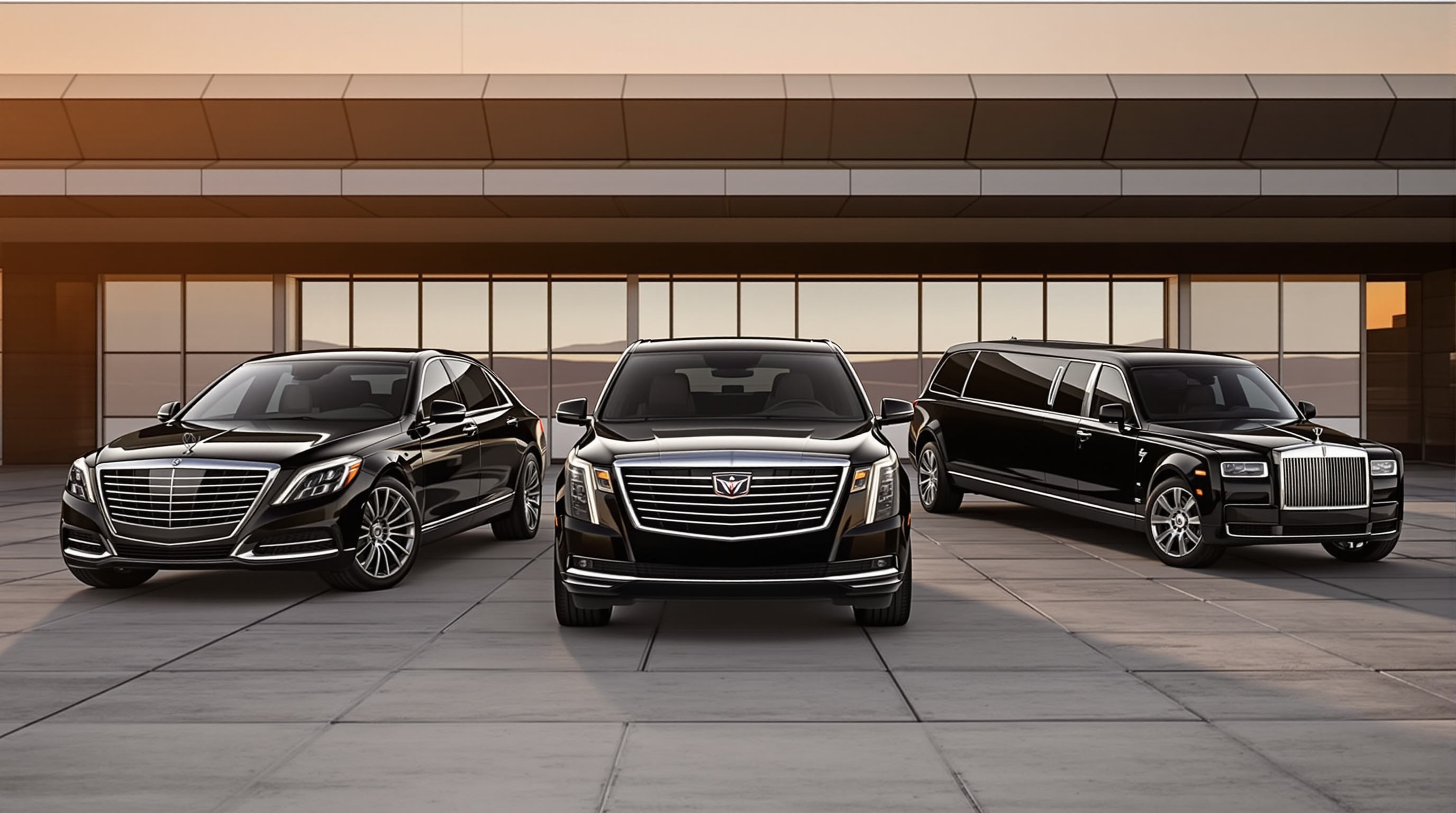 Luxury black sedan, SUV and stretch limousine fleet lined up
