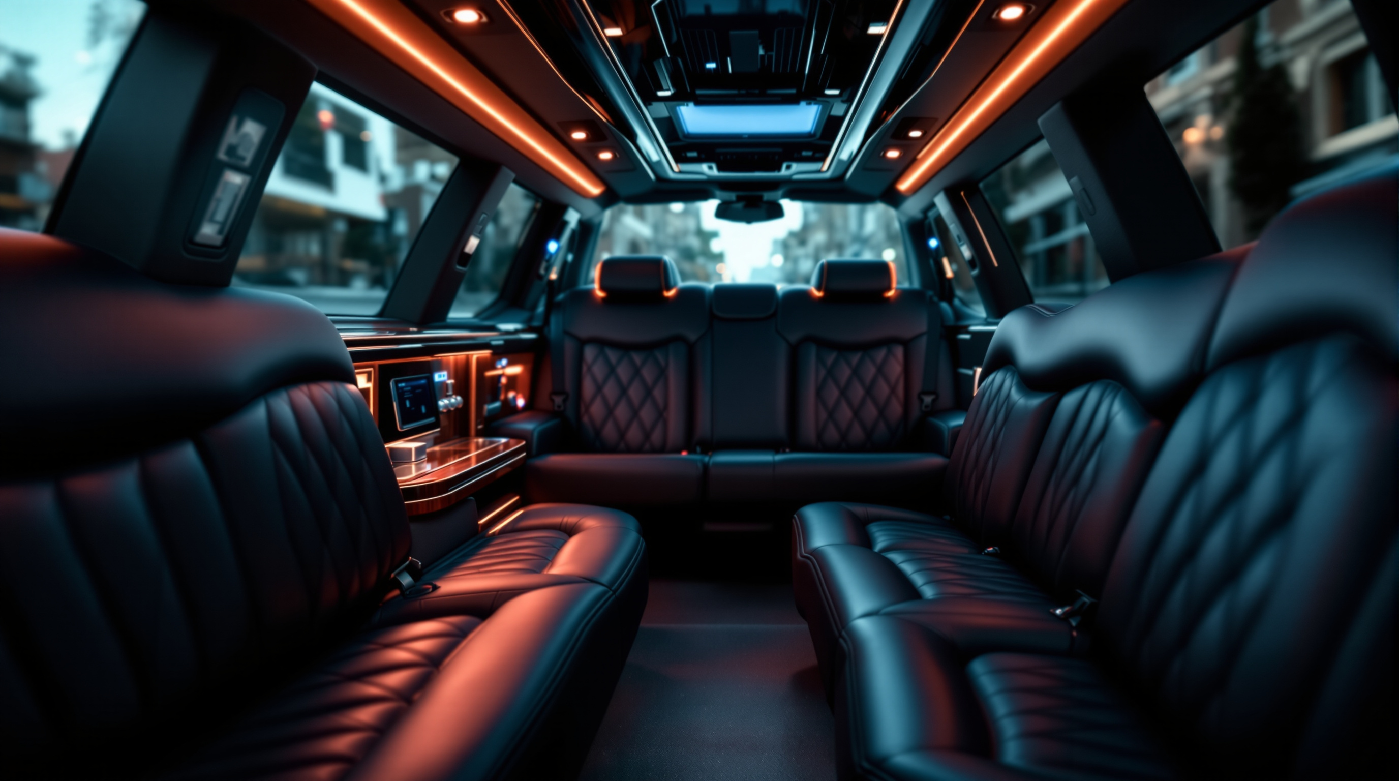 Plush black leather interior of a luxury airport limousine